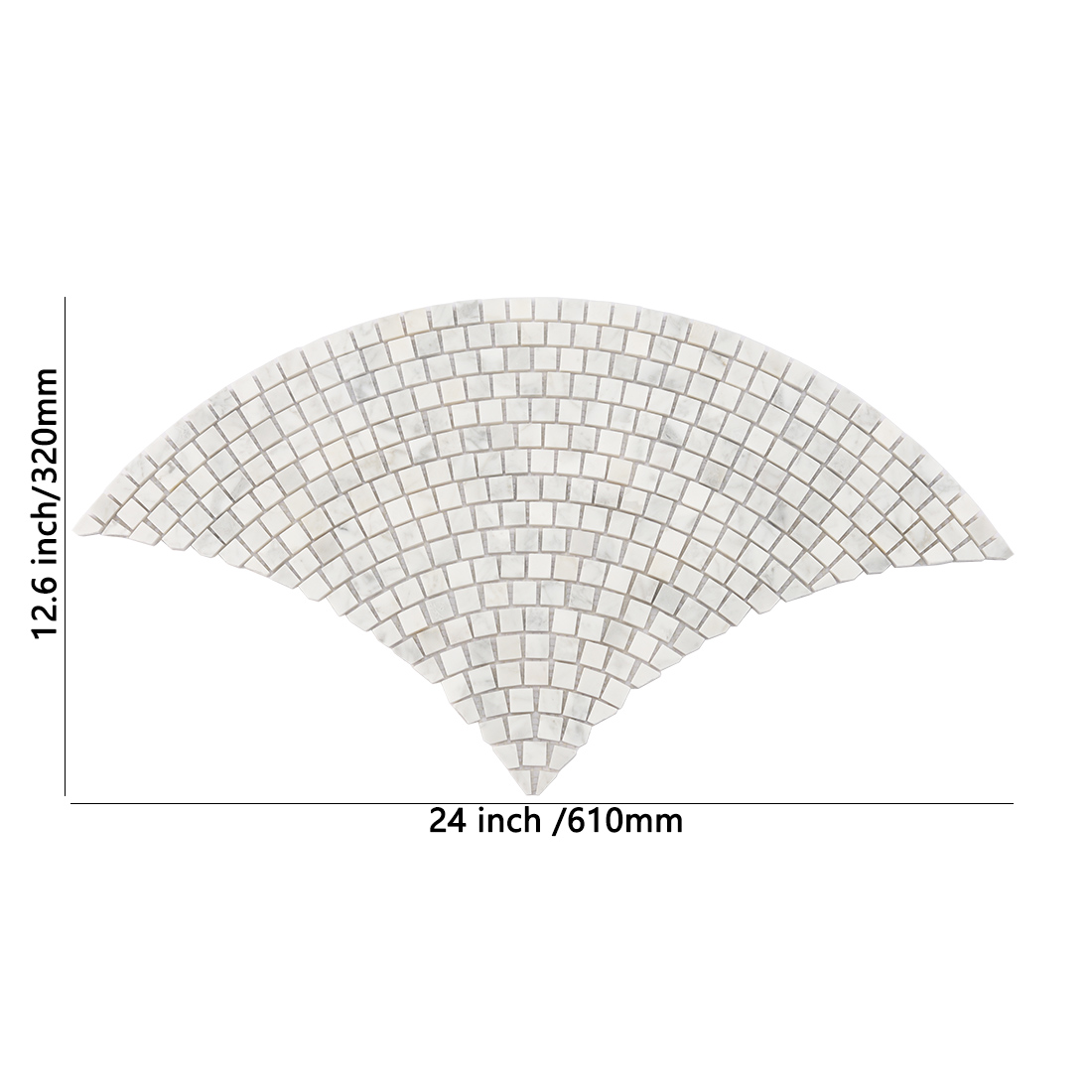 White marble fan-shaped square mosaic tile sheet with size markings