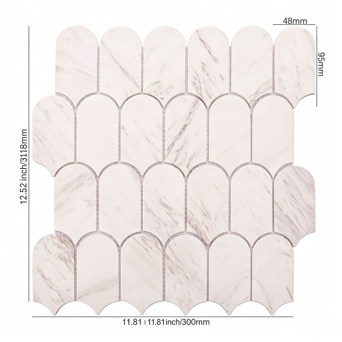 White marble fish scale mosaic tile sheet with dimension lines