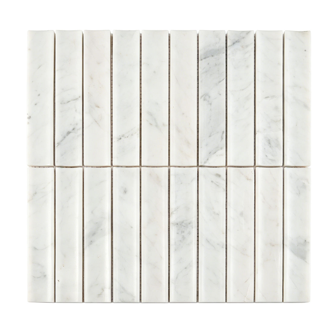 Front view of white marble fluted linear mosaic tile.