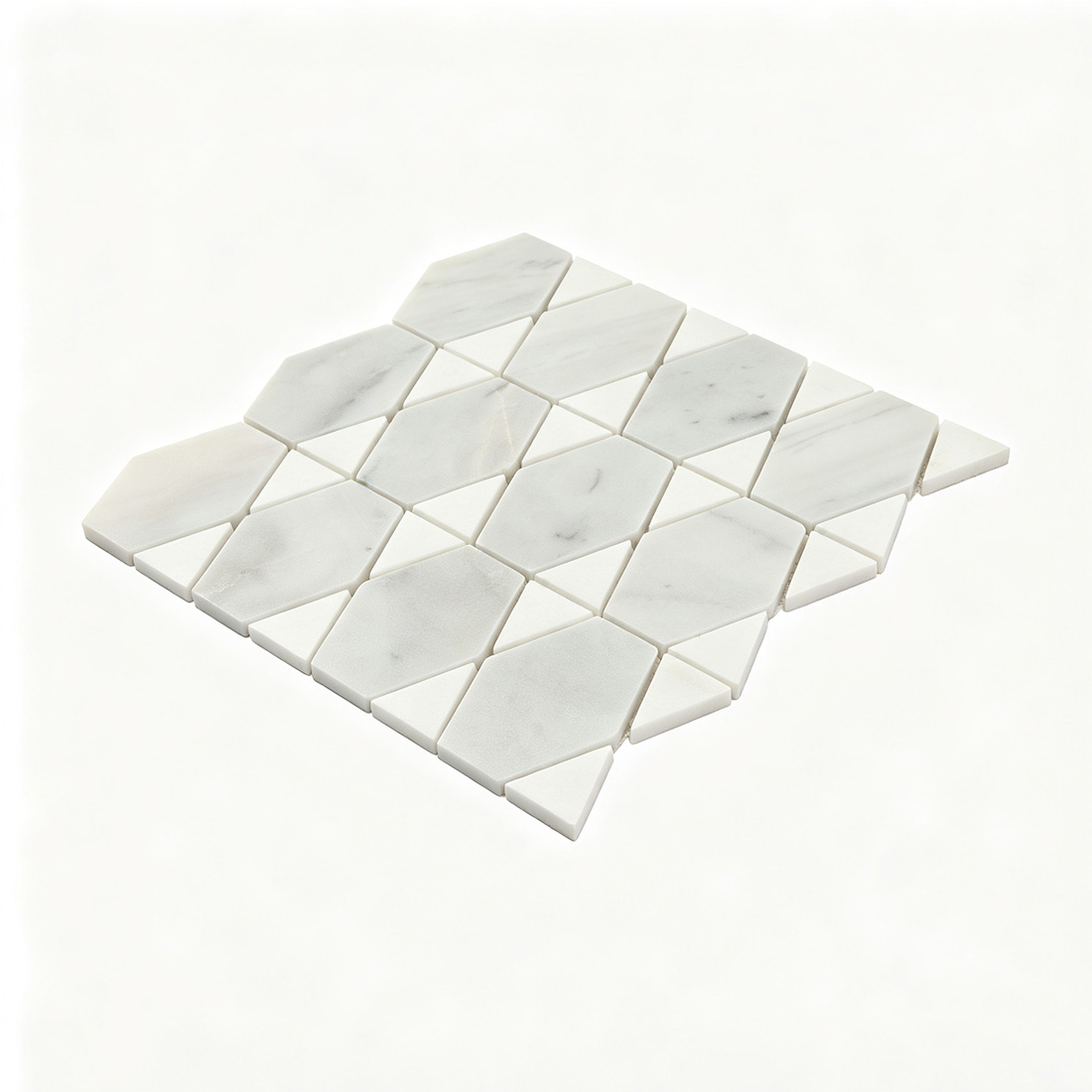 Angled view of white marble geometric mosaic tile sheet
