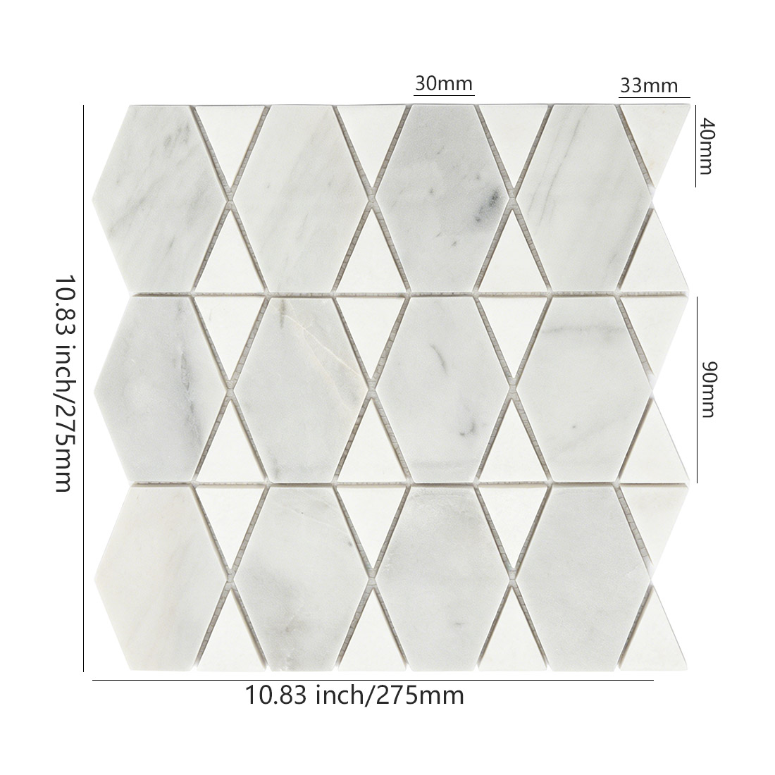 White marble geometric mosaic tile sheet with size measurements