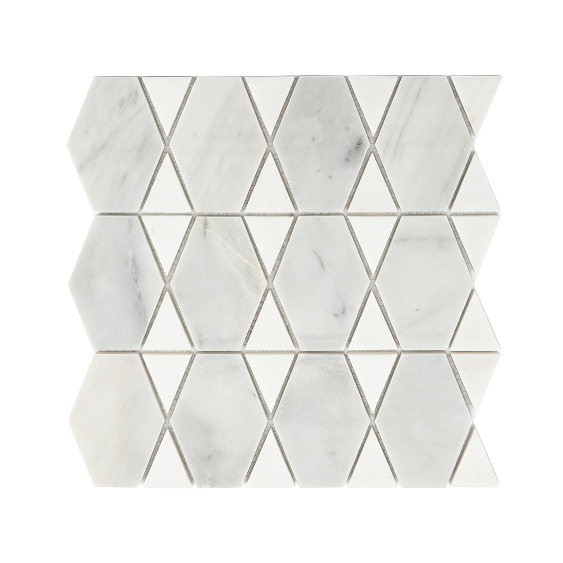 White marble geometric mosaic tile sheet with elongated hexagons and triangles
