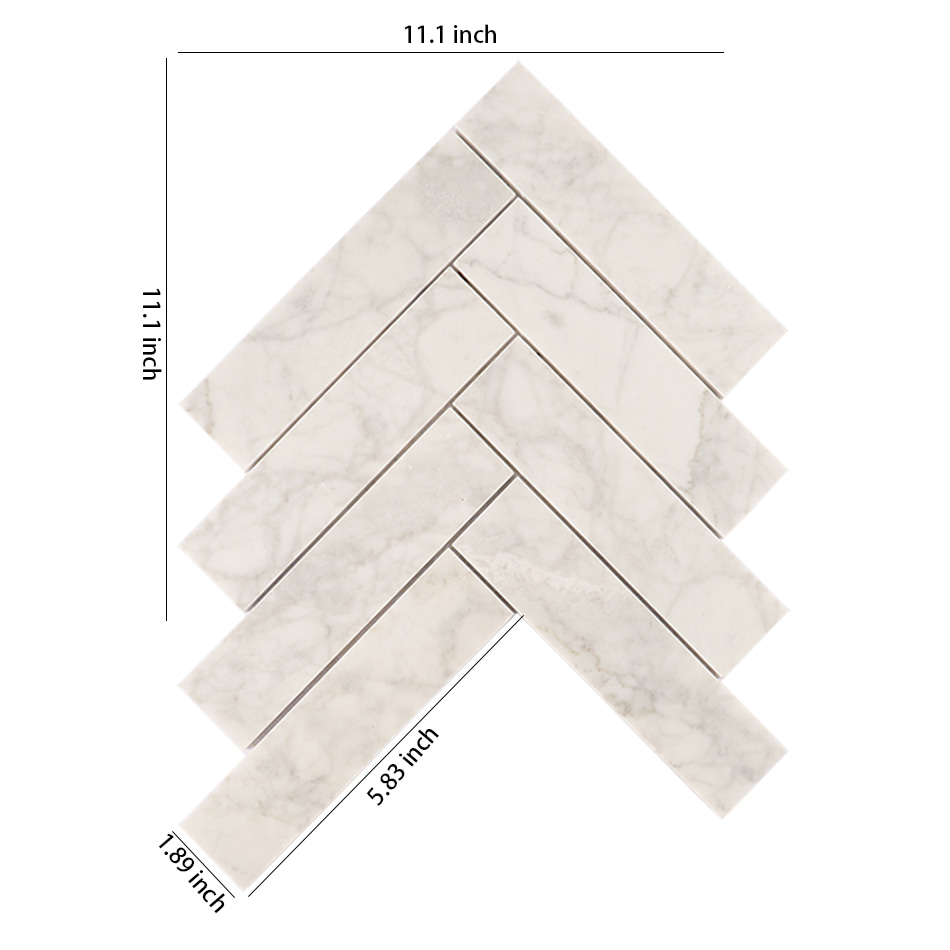 White marble herringbone mosaic tile sheet with size details