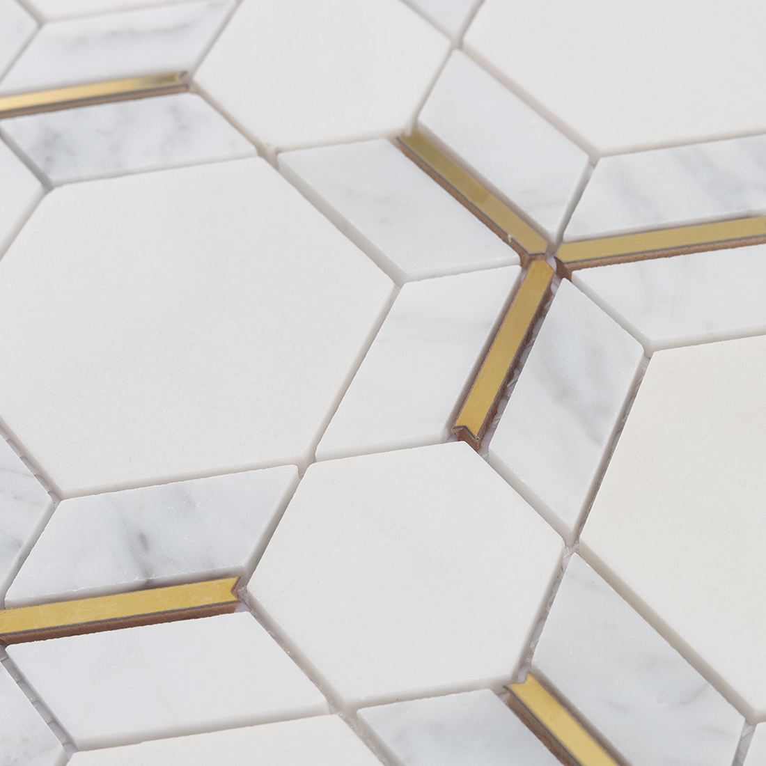White Marble Hexagon Geometric Tile with Gold Line Inlay for Feature Walls