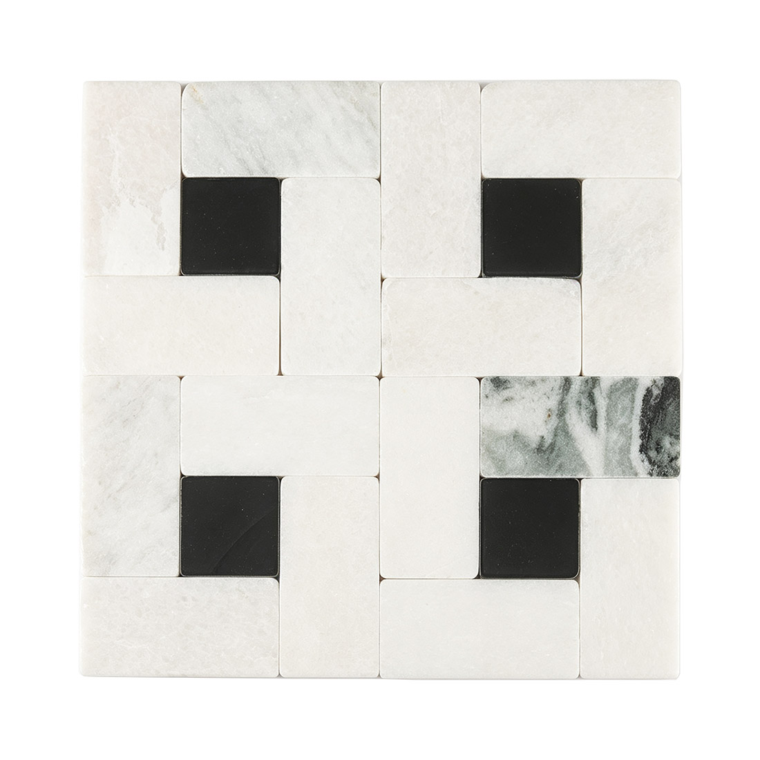White marble mosaic tile with black square accents front view