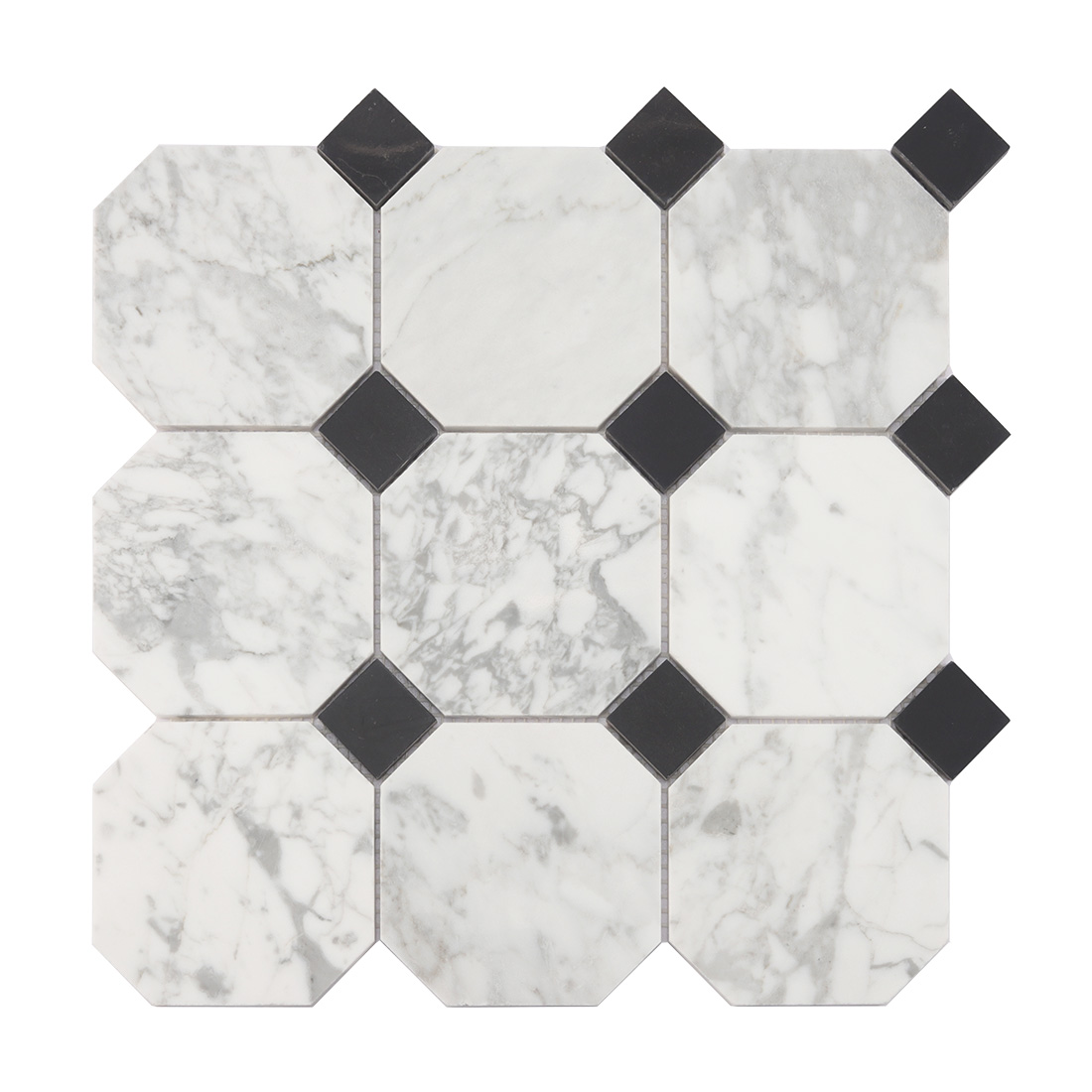 Front view of white marble octagon mosaic tile with black square dot accents
