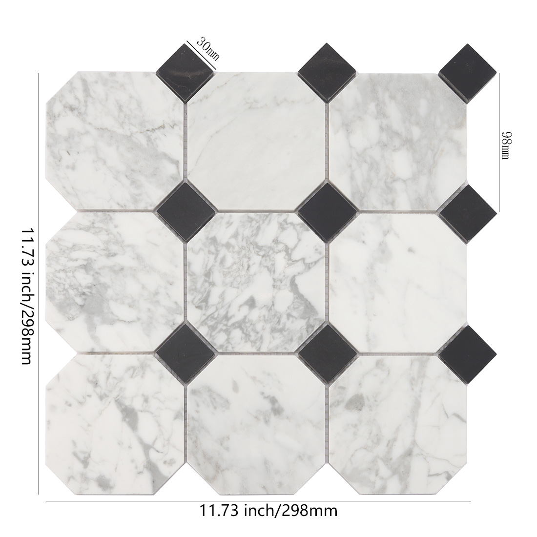 White marble octagon mosaic tile with black dot inserts and size details