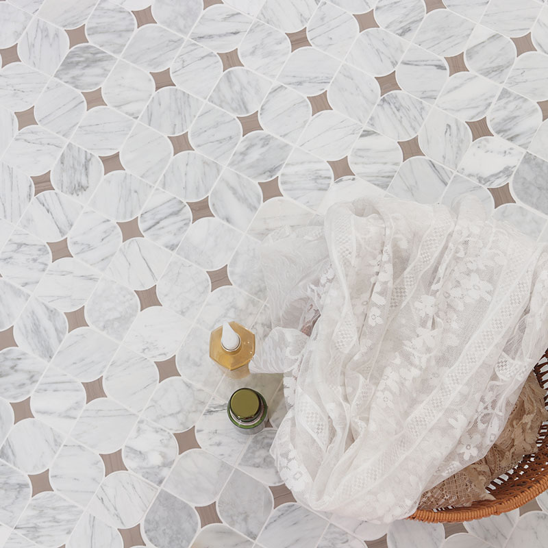 White marble petal mosaic floor with soft gray veining for a luxury bathroom