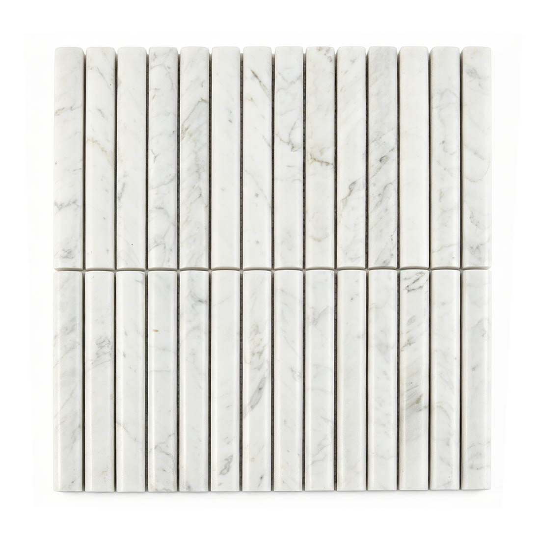 Front view of elegant white marble rod fluted mosaic tile.