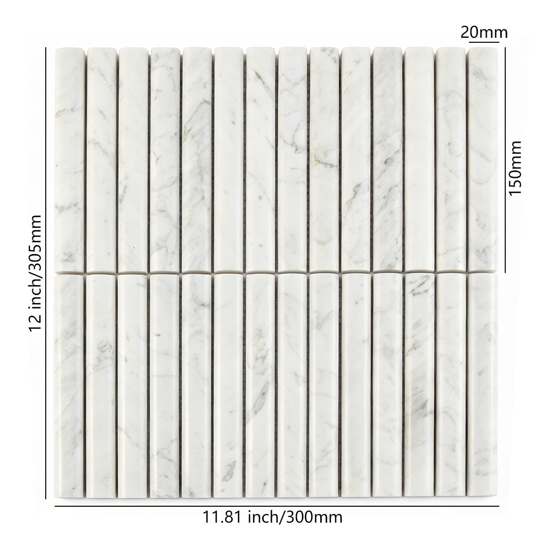 Dimensions of white marble rod fluted stacked mosaic tile.