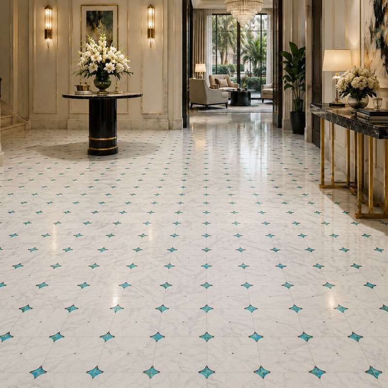 White marble waterjet floor tile with blue inlay in luxury foyer