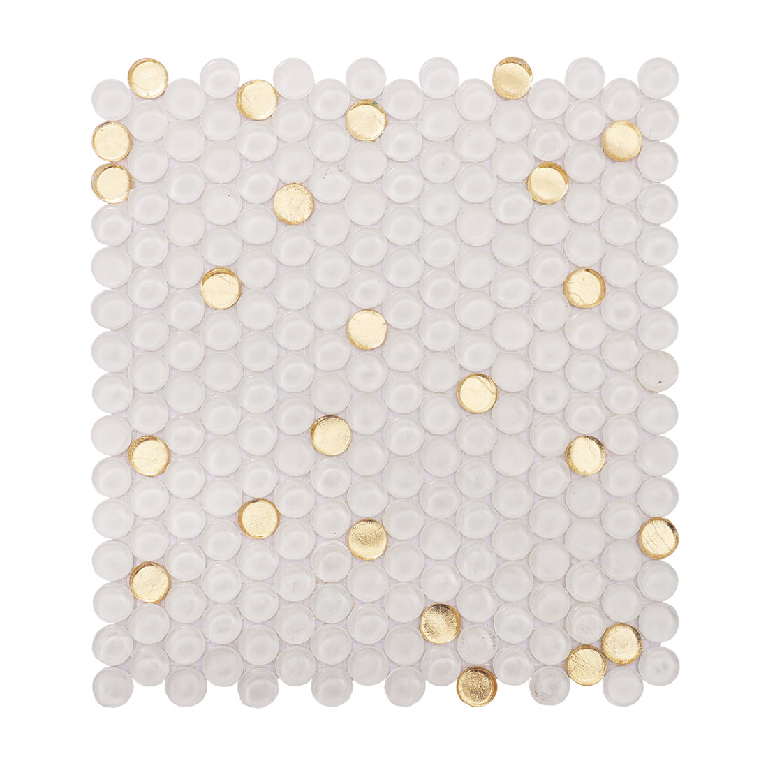 White penny round glass mosaic tile showing elegant gold foil accent pattern