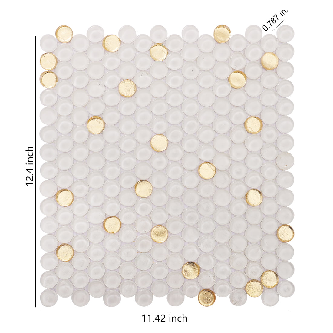 White penny round glass mosaic tile sheet with scattered gold foil accent dots