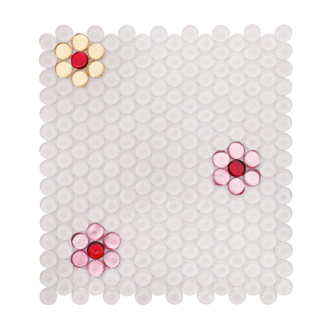 Decorative white penny round glass mosaic tile with floral accent design