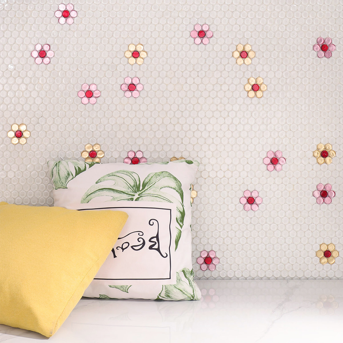 Interior wall design using white penny round glass mosaic tile with floral accents