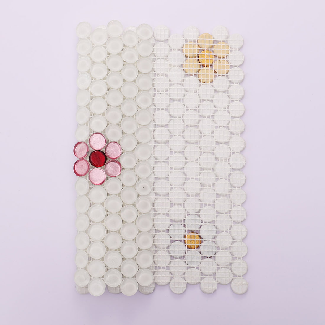 Back view of white penny round glass mosaic tile with mesh backing