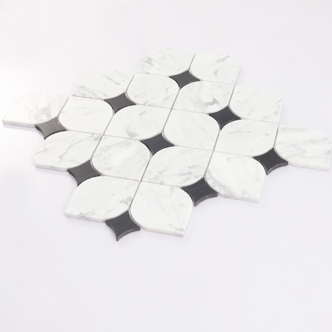 Side display of white petal marble mosaic tile with gray marble veins