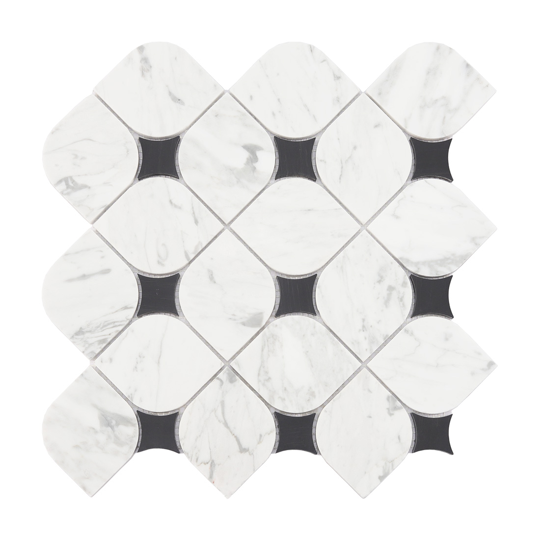 Front view of white petal marble mosaic tile with black accent pieces