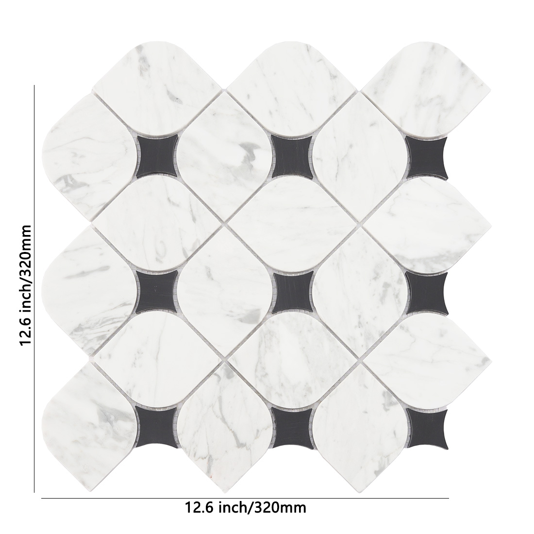 White petal marble mosaic tile with black curved inserts and size details