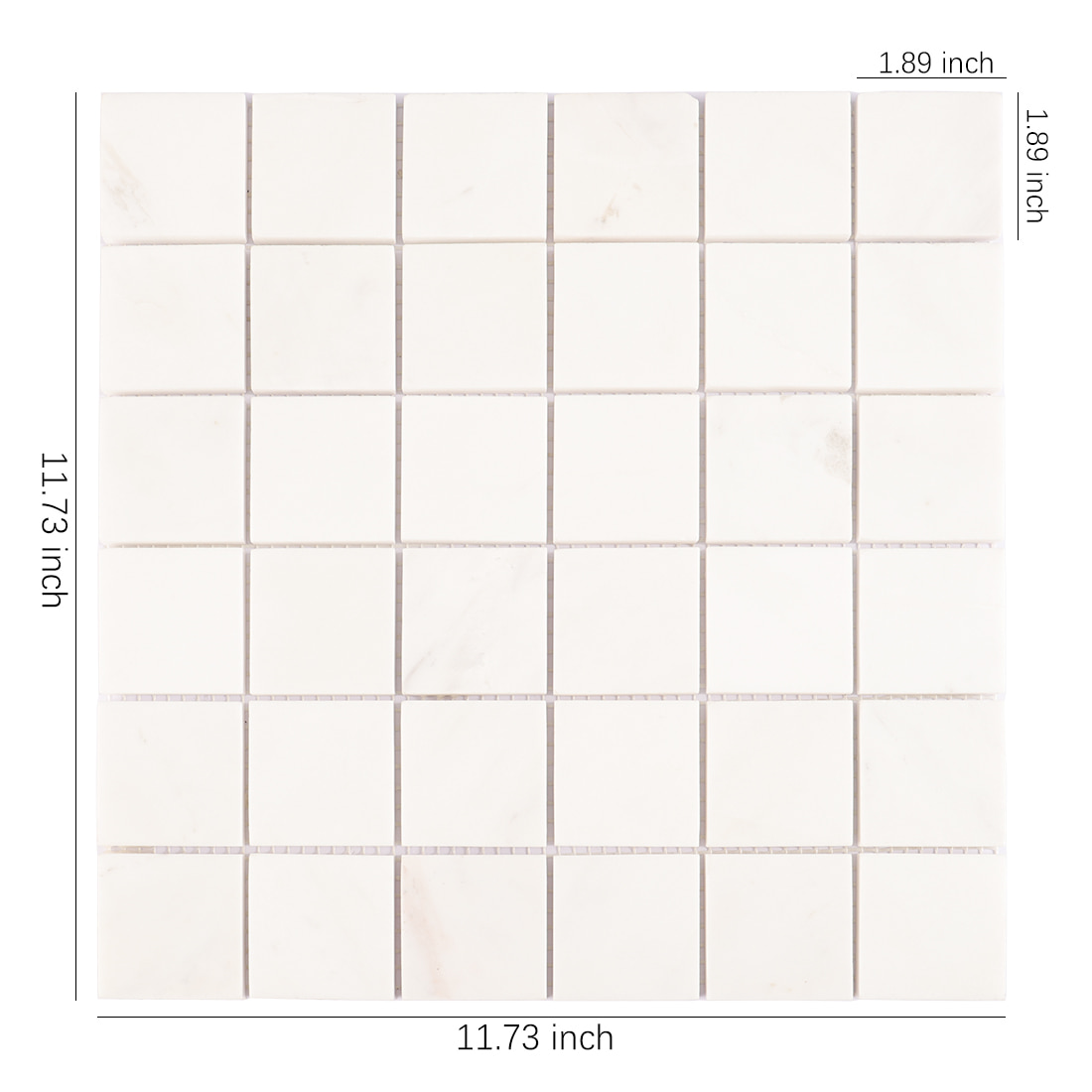 White square marble mosaic tile sheet with size markings