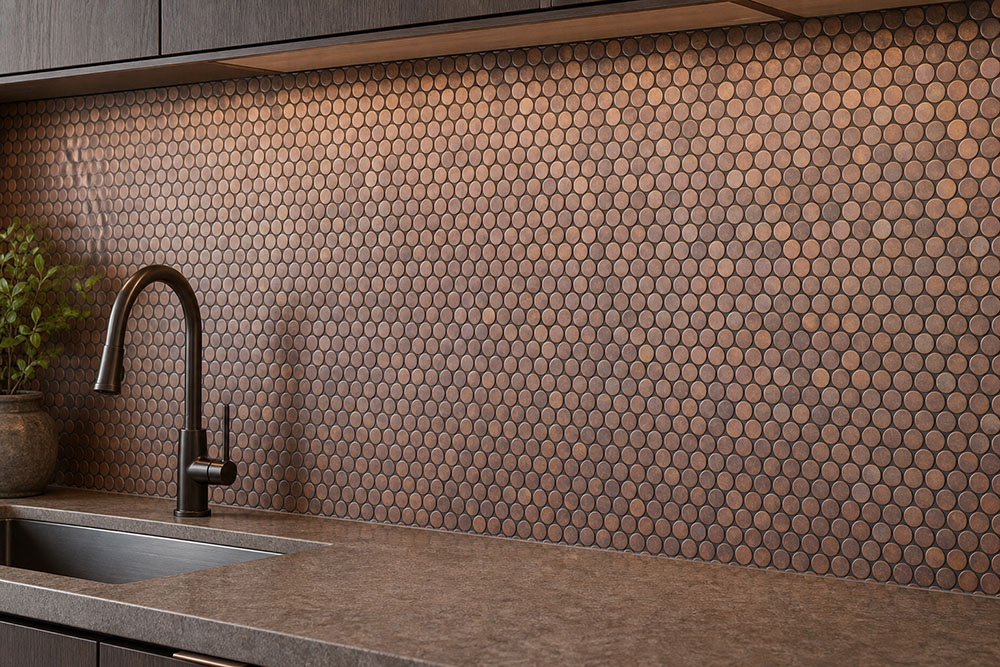 {"default":"Wide copper penny tile backsplash with modern faucet and stone countertop"}
