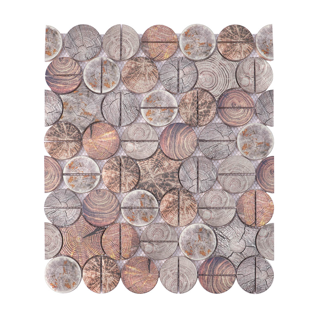 Wood grain print round aluminum geometric mosaic tile sheet front view