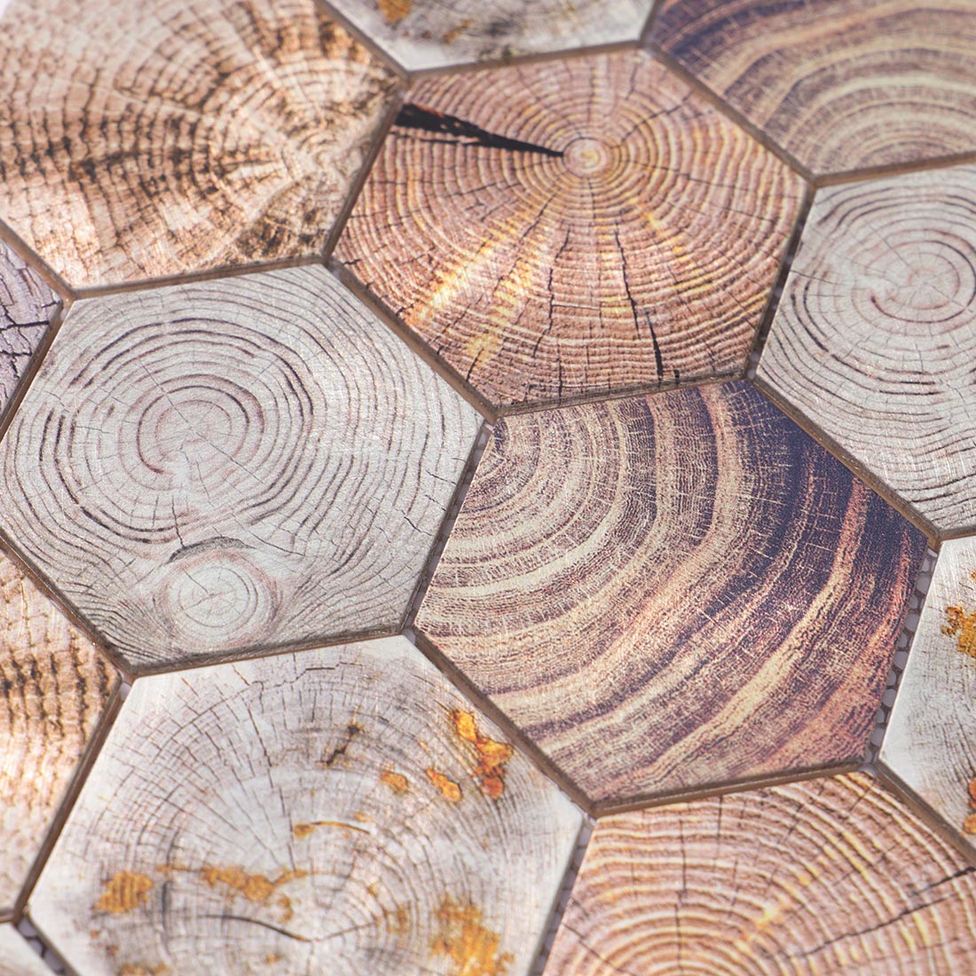 High angle texture view of wood grain hexagon aluminum metal mosaic surface