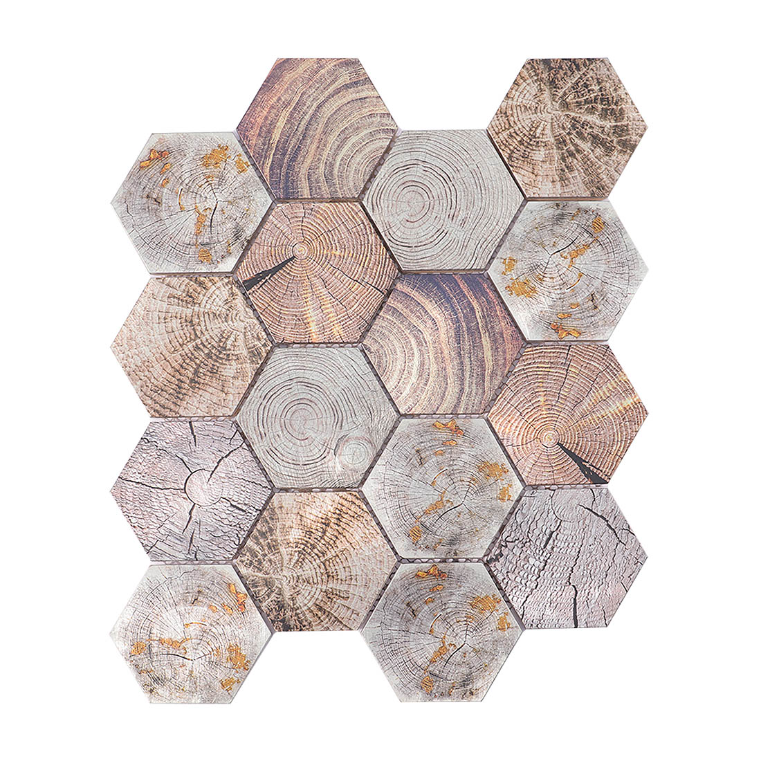Wood grain texture hexagon aluminum metal mosaic tile sheet front view