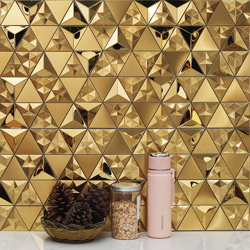 Woos Tiles Kitchen Backsplash: Gold 3D geometric triangular mosaic wall cover.