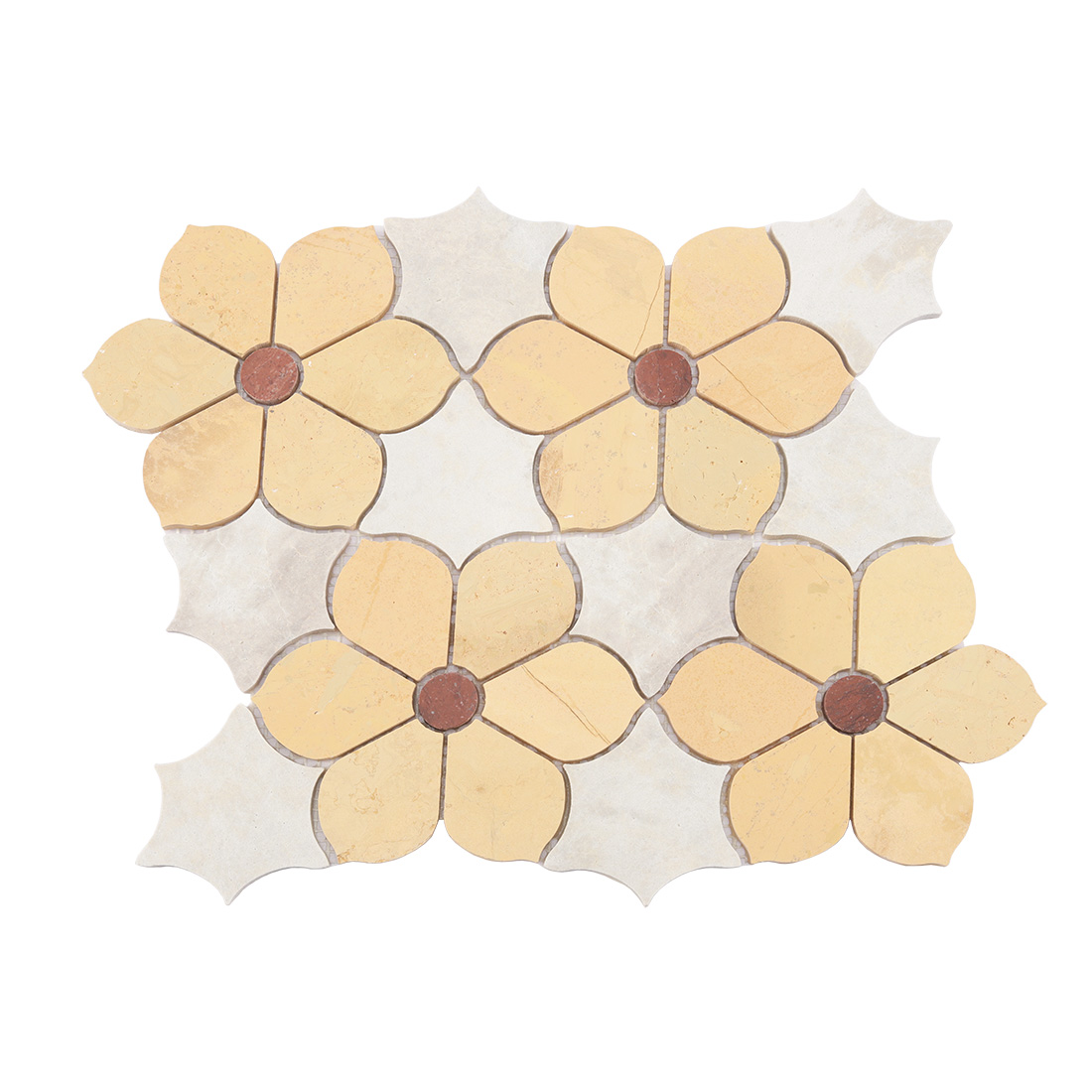 Front view of yellow floral medallion marble mosaic tile with cream background