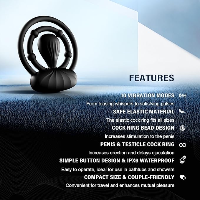 Vibrating Cock Ring with Adjustable Bead, lrInccop Couples Sex Toys Enhanced Pleasure Silicone Penis Ring Vibrator, 10 Vibration Modes for Clitoral Testicle Stimulation, Adult Sex Toys & Games for Men