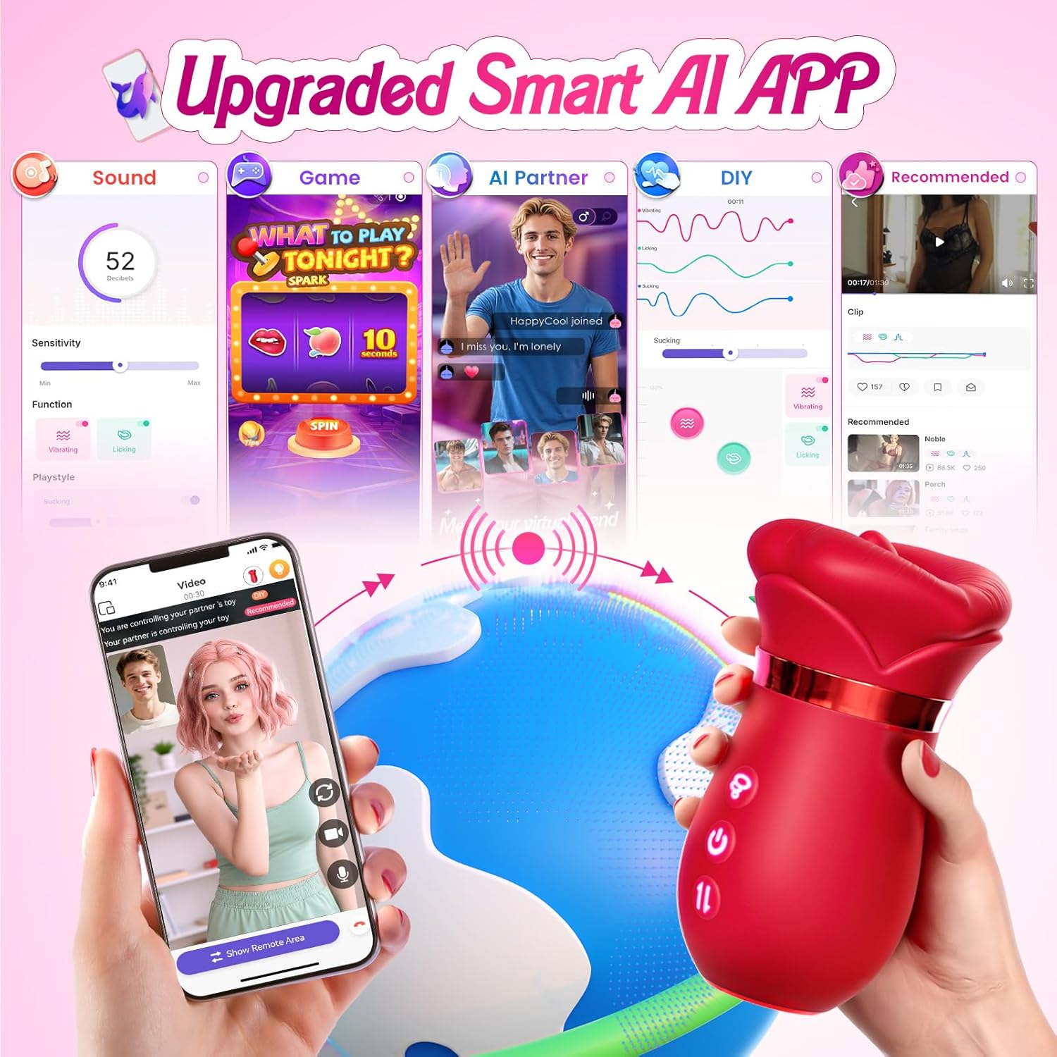 Vibrator Adult Sex Toys for Women - Sovokn 5IN1 Mouth Sucking Vibrator Rose Sex Toy, 10 Tongue Licking, 3 Auto & 1 Manual Sucking Adult Toys New APP, Anal Clit Nipple Vibrators Female Couples Sex Toys