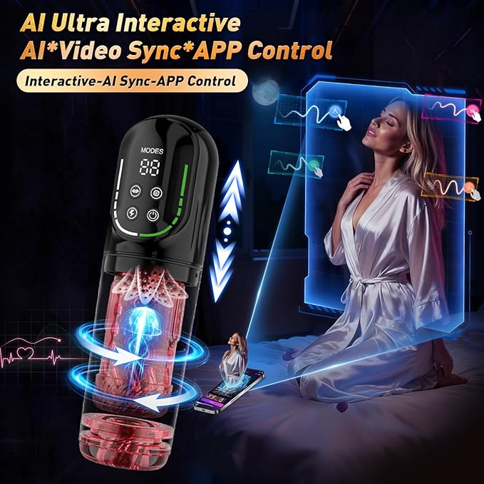 Male Masturbator Penis Pump - AI Sync Male Sex Toys for Men Sex Toy Pocket Pussies 7 Thrusting Rotating Vibrating Sucking Licking Stroker Adult Toys for Men Tickler AI LCD