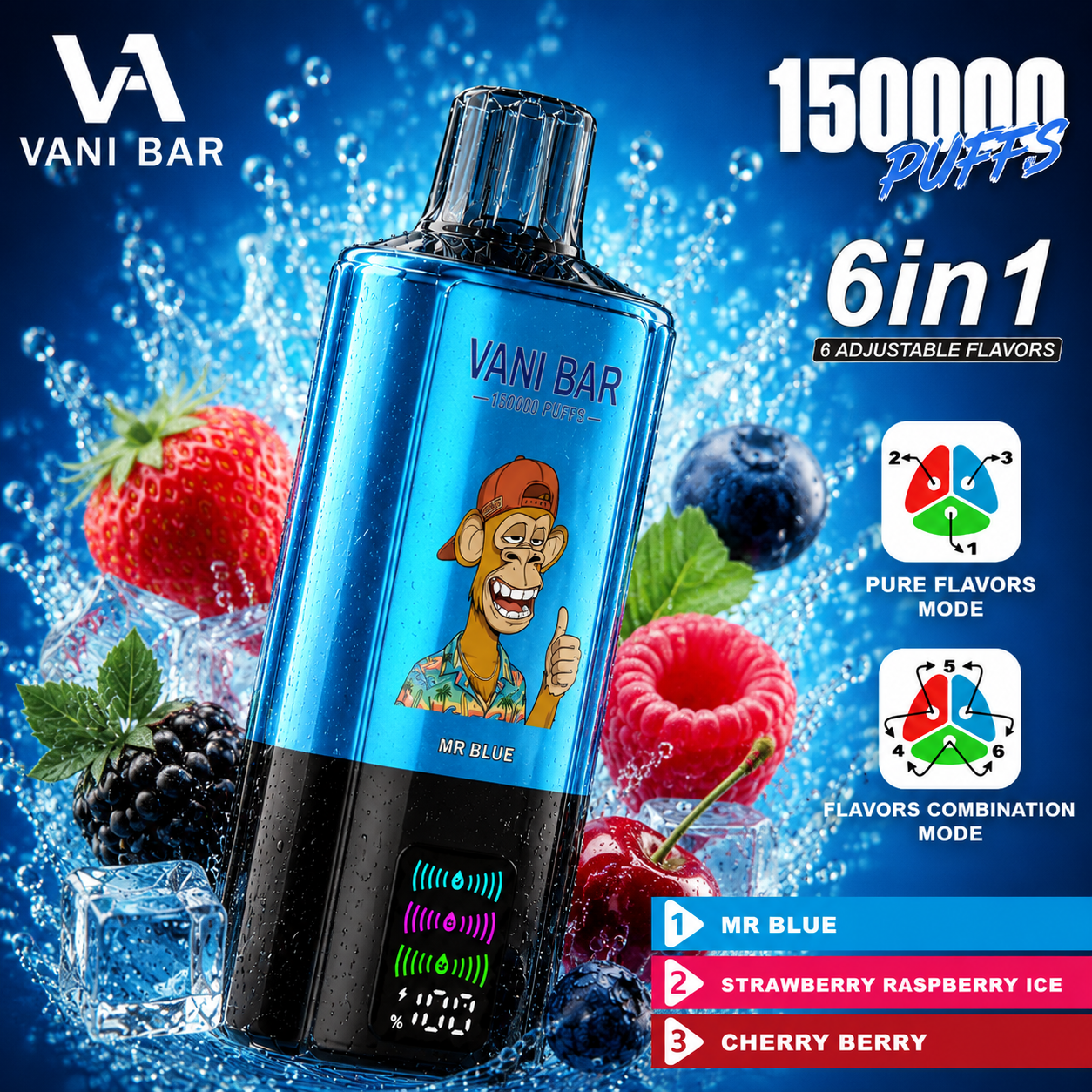 Vanibar 6in1 150000 puffs & Mr Blue/Strawberry Raspberry Ice /Cherry Berry
