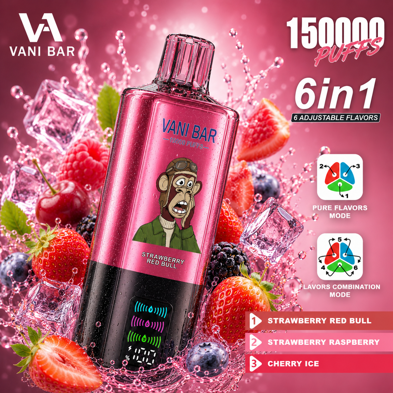 Vanibar 6in1 150000 puffs & Strawberry Red Bull/Strawberry Raspberry/Cherry Ice