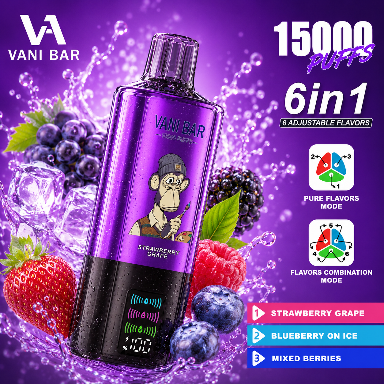 Vanibar 6in1 150000 puffs & Strawberry Grape/Blueberry On Ice/Mixed Berries