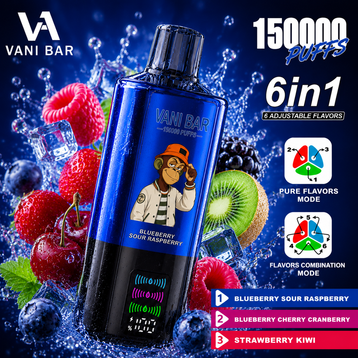 Vanibar 6in1 150000 puffs & Blueberry Sour Raspberry/Blueberry Cherry Cranberry/Strawberry Kiwi