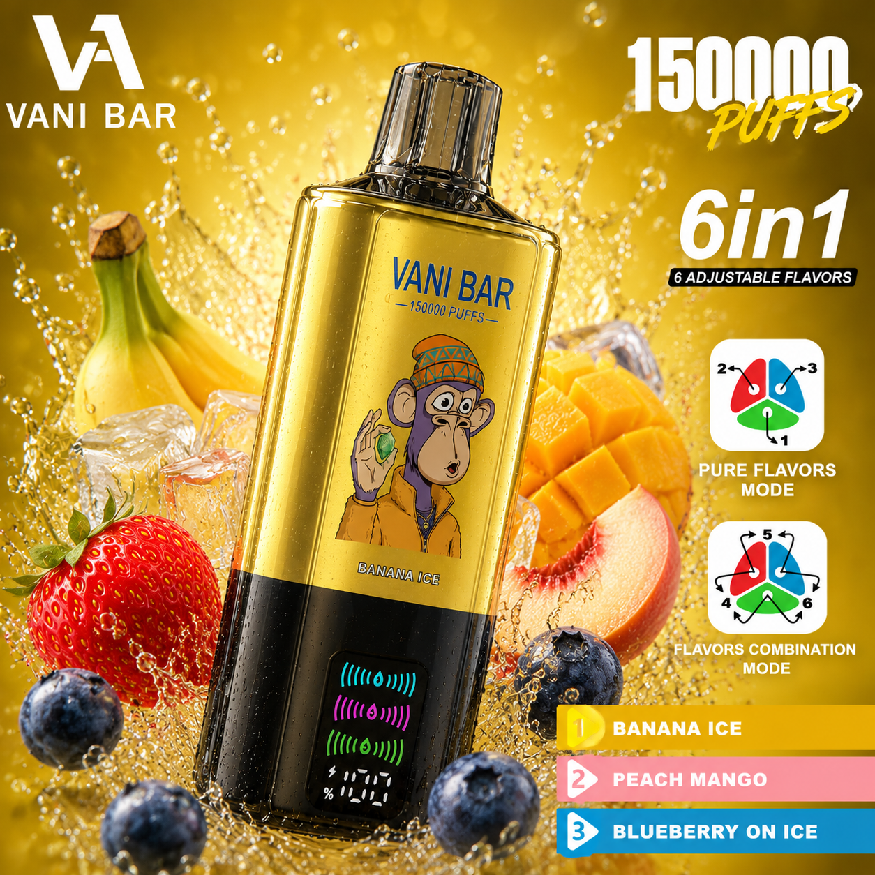 Vanibar 6in1 150000 puffs & Banana Ice/Peach Mango/Blueberry On Ice
