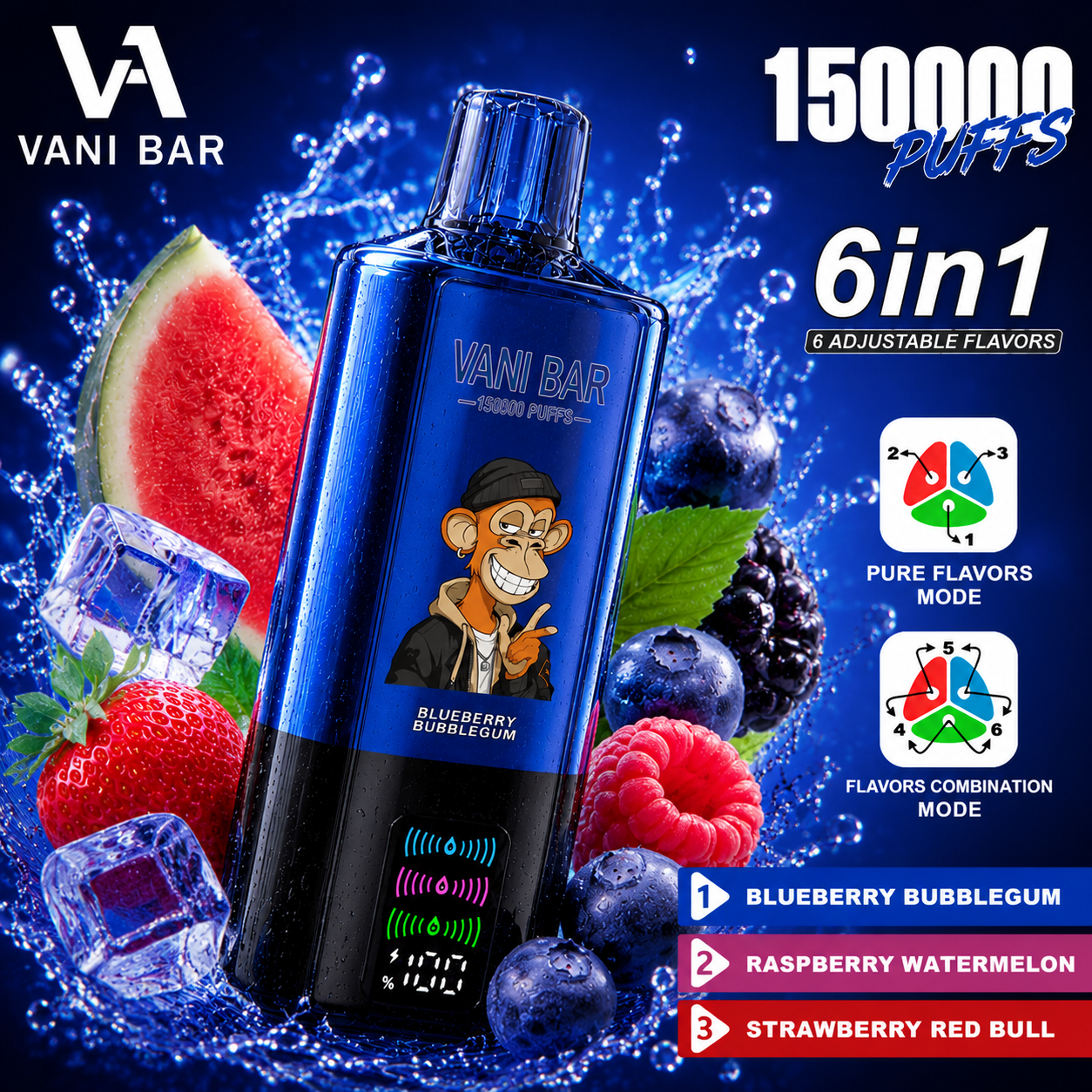 Vanibar 6in1 150000 puffs & Blueberry Bubblegum/Raspberry Watermelon/Strawberry Red Bull