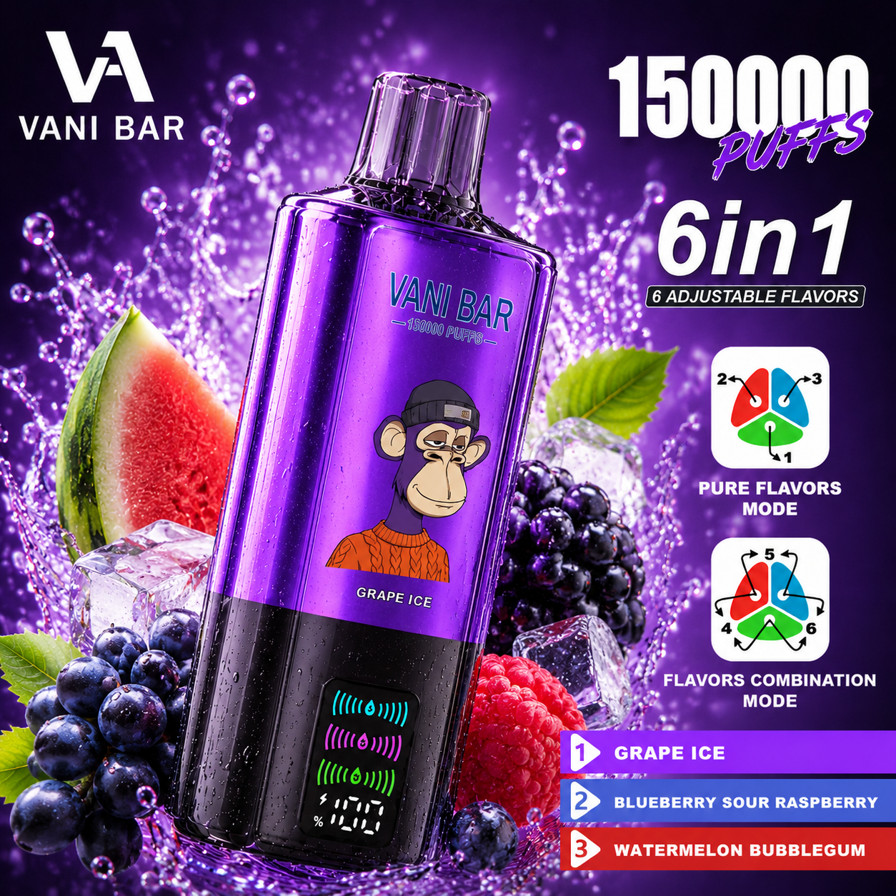[Copy]Vanibar 6in1 150000 puffs & Grape Ice/Blueberry Sour Raspberry/Watermelon Bubblegum