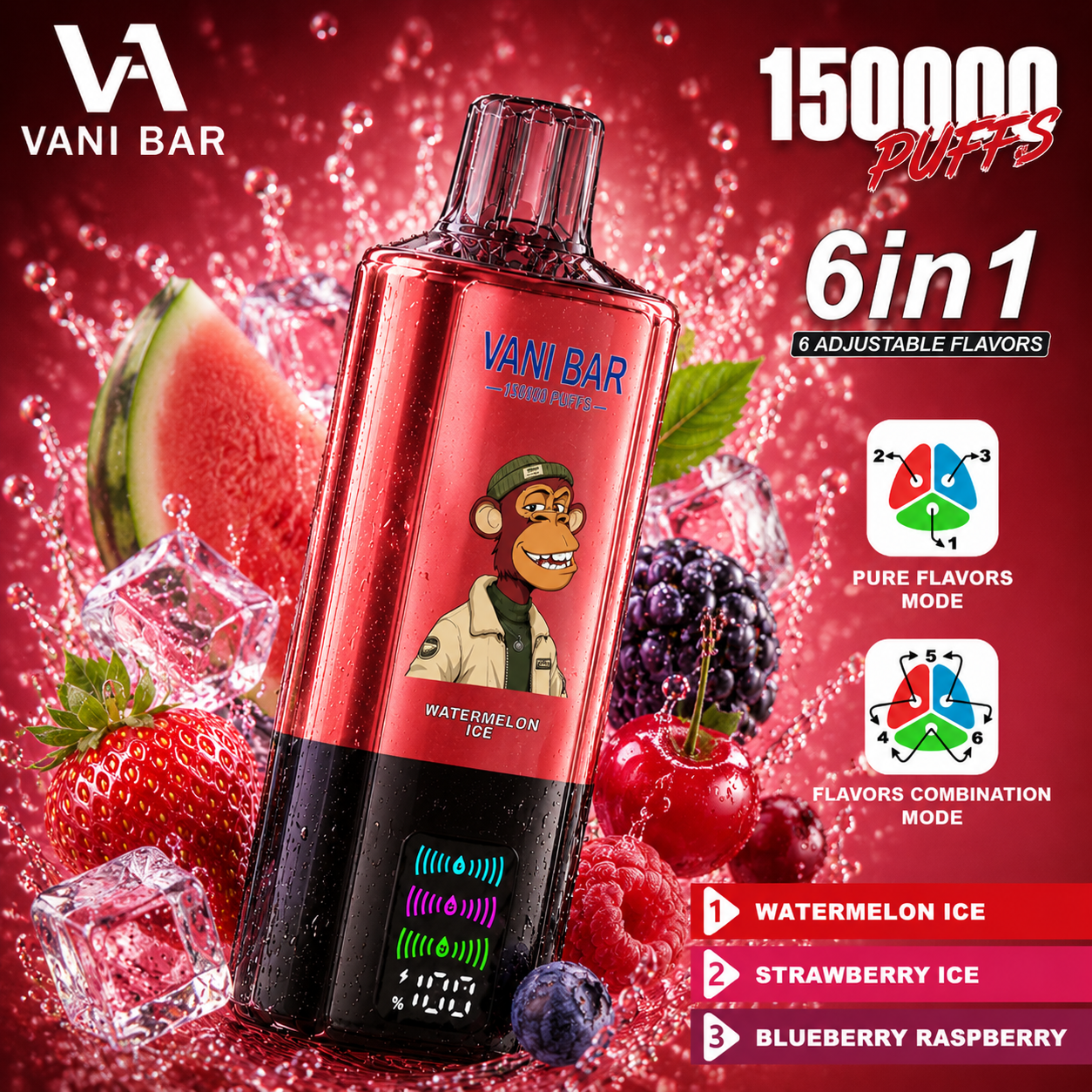 Vanibar 6in1 150000 puffs & Watermelon Ice/Strawberry Ice/Blueberry Raspberry