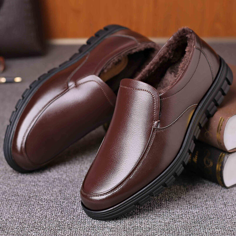 Men's Genuine Leather Slip-on Warm Winter Plush Soft Insole Casual Business Shoes