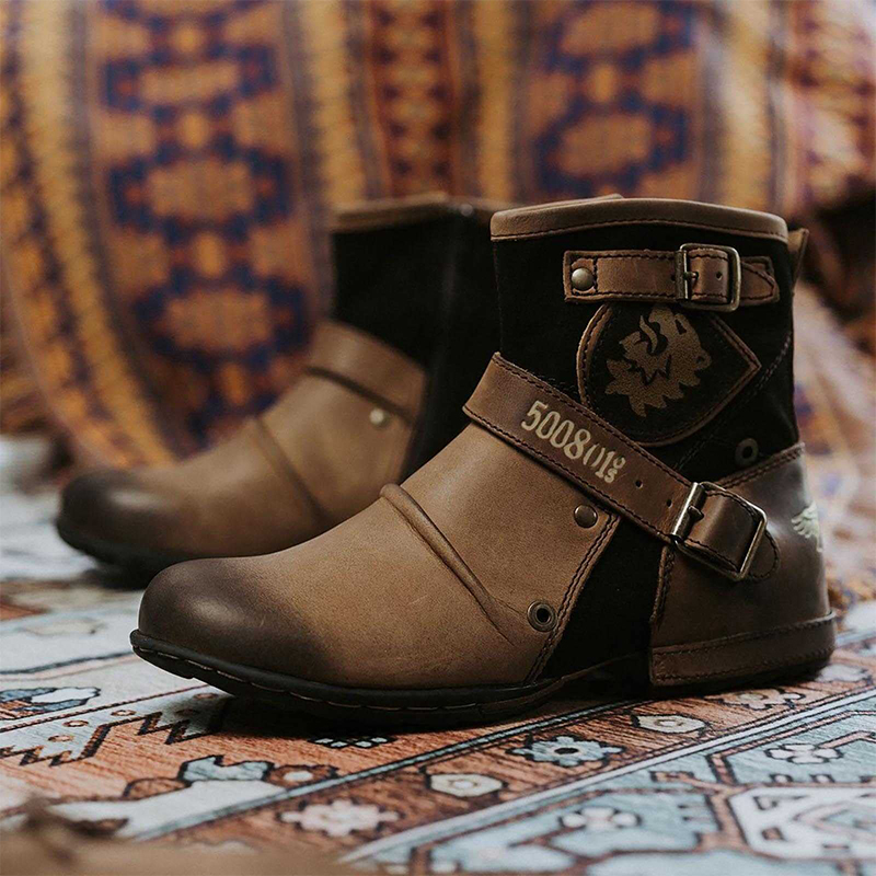 Men's Leather Vintage Buckle Side Zipper Boots