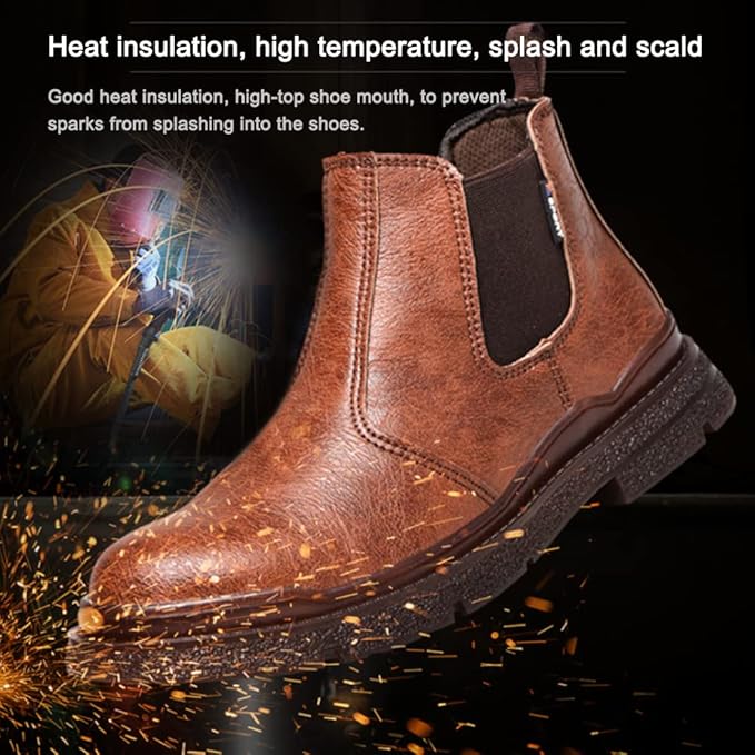 ⏰Limited Time Sale 70% OFF-Men's Genuine Leather Steel Toe Orthopedic Chelsea Work Boots – Anti-Puncture, Anti-Collision, Waterproof, Slip-On Arch Support Safety Shoes, Durable & Non-Slip