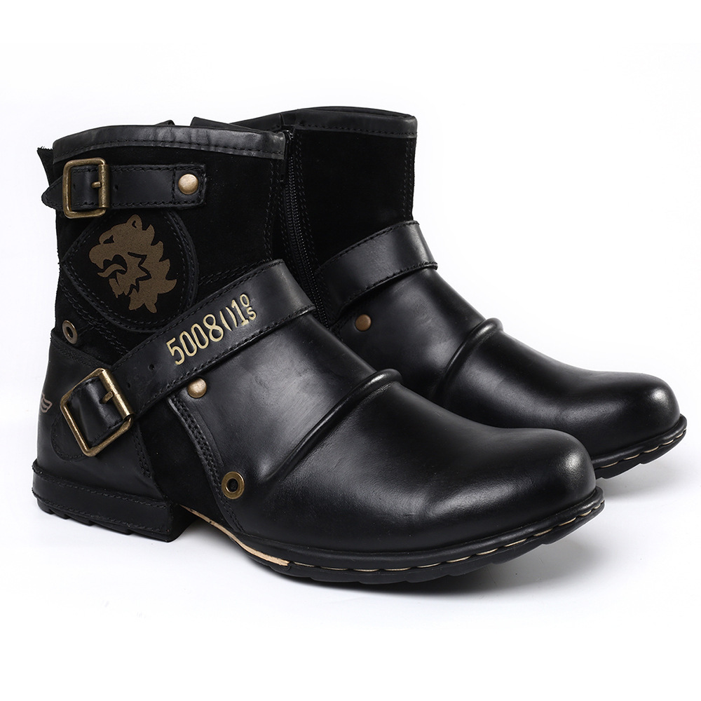 Men's Leather Vintage Buckle Side Zipper Boots