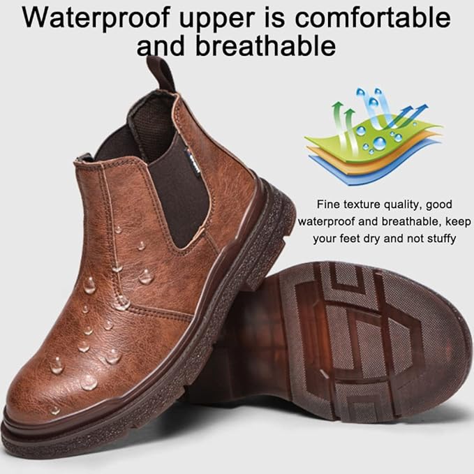 ⏰Limited Time Sale 70% OFF-Men's Genuine Leather Steel Toe Orthopedic Chelsea Work Boots – Anti-Puncture, Anti-Collision, Waterproof, Slip-On Arch Support Safety Shoes, Durable & Non-Slip