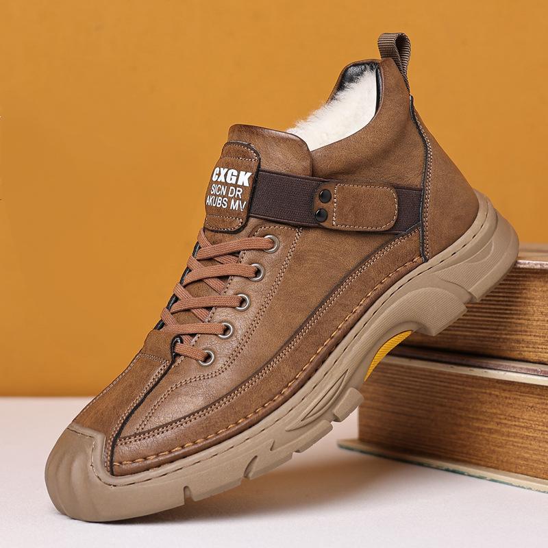 Men's winter wool lined boots warm cotton shoes outdoor leather boots