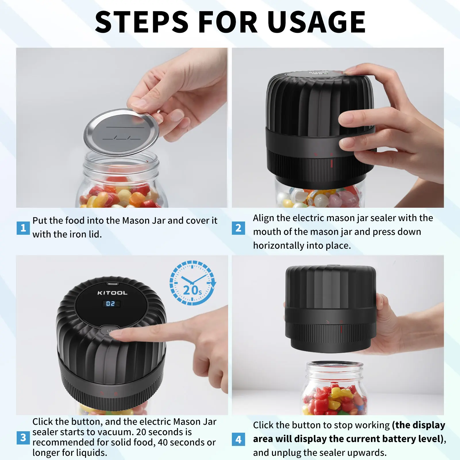 Mason jar vacuum sealer—a food vacuum sealer with super strong suction, one-button automatic operation, and support for both dry and wet operation.