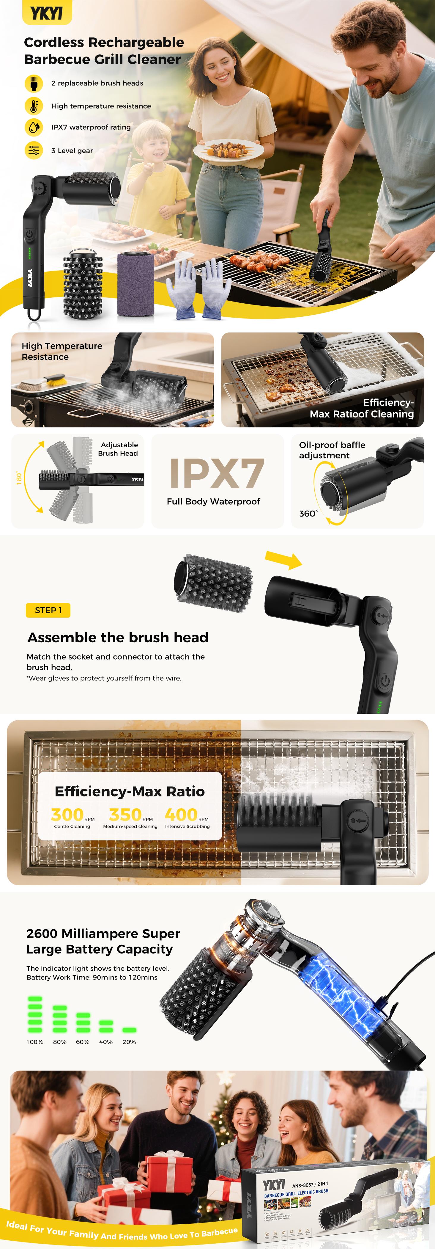 【Father's Day Gift】YKYI Electric Grill Brush, 2026 New Cordless BBQ Cleaner with 2 Heads, 3-Speed & Adjustable Angle, 150Mins Runtime Rotary Grill Cleaning Brush for Outdoor Barbecue Grates 【Father's Day Gift】YKYI Electric Grill Brush, 2026 New Cordless BBQ Cleaner with 2 Heads, 3-Speed & Adjustable Angle, 150Mins Runtime Rotary Grill Cleaning Brush for Outdoor Barbecue Grates