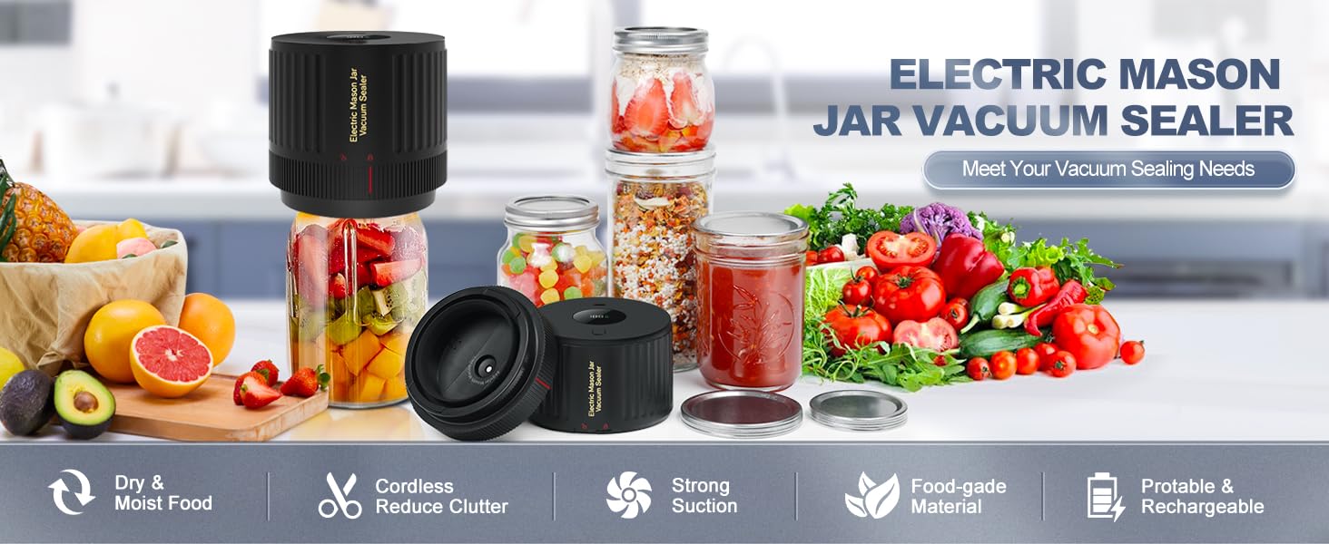 KITOOL mason jar vacuum sealer [New Version], super suction, one-touch automatic food sealing machine, wet and dry mode, food storage vacuum sealing machine